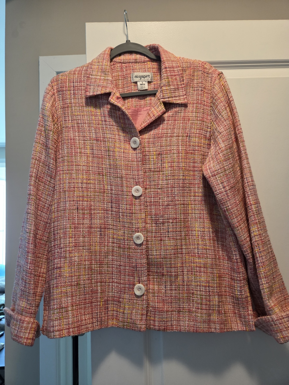 Easy Spirit Pink Tweed Button Front Jacket Blazer Size Medium